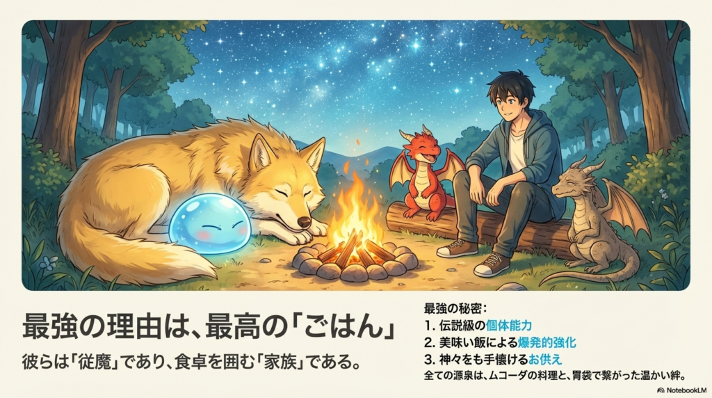 とんでもスキルで異世界放浪メシの従魔一覧記事のまとめ。各従魔（フェル、スイ、ドラちゃん、ゴン爺）の特徴的なポイントと、美味しいご飯を通じたコミカルなやり取りという作品の魅力について。