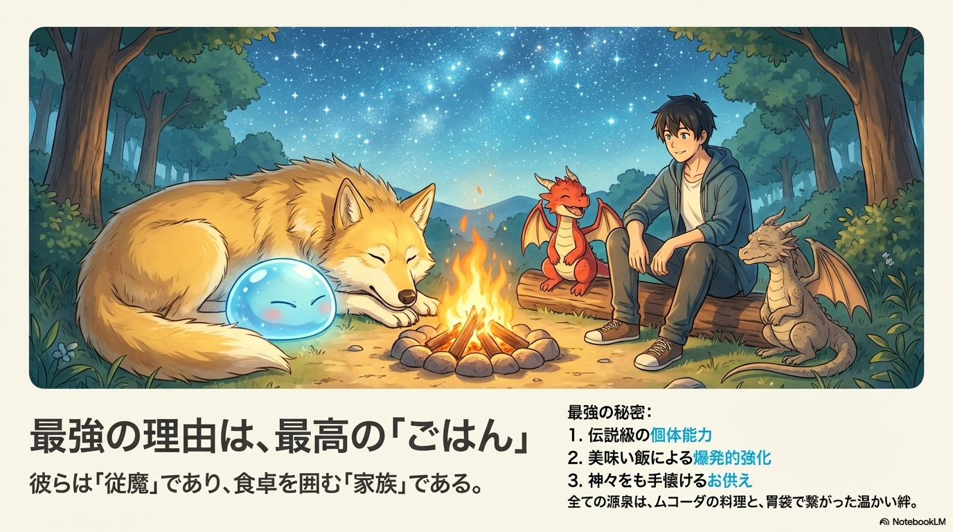 とんでもスキルで異世界放浪メシの従魔一覧記事のまとめ。各従魔（フェル、スイ、ドラちゃん、ゴン爺）の特徴的なポイントと、美味しいご飯を通じたコミカルなやり取りという作品の魅力について。