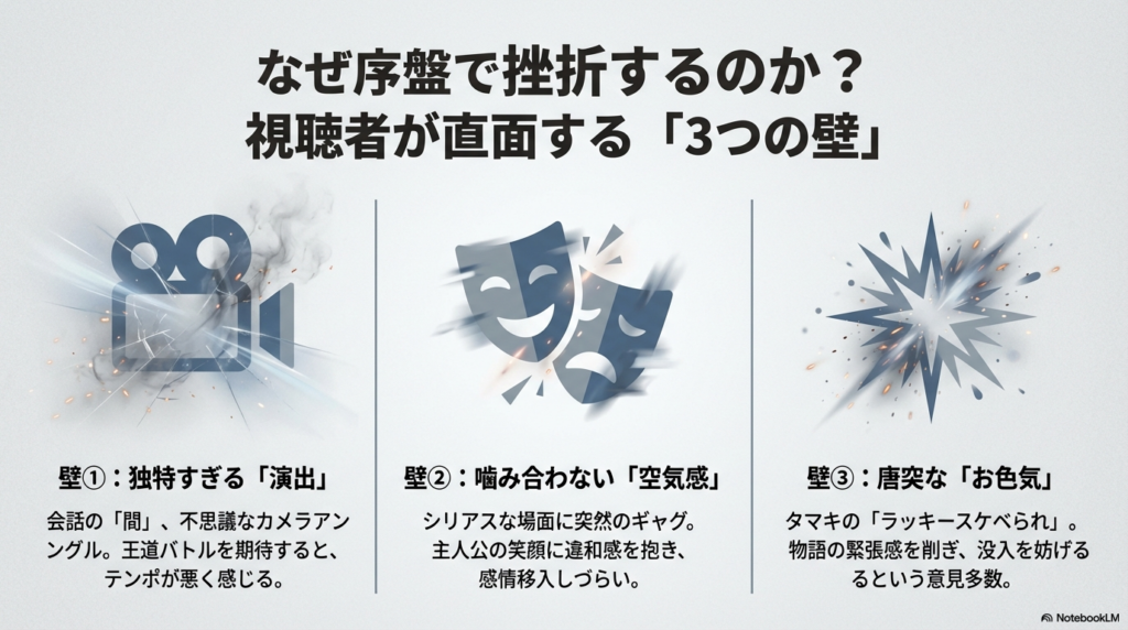 序盤の離脱理由、面白くなる転換点、神回、漫画への移行タイミングなど、記事の要点をまとめたスライド