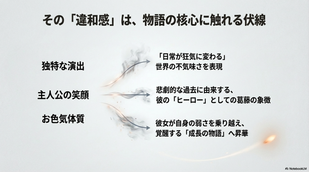 独特な演出やテンポなど、視聴者が序盤で離脱しやすい理由を分析したスライド