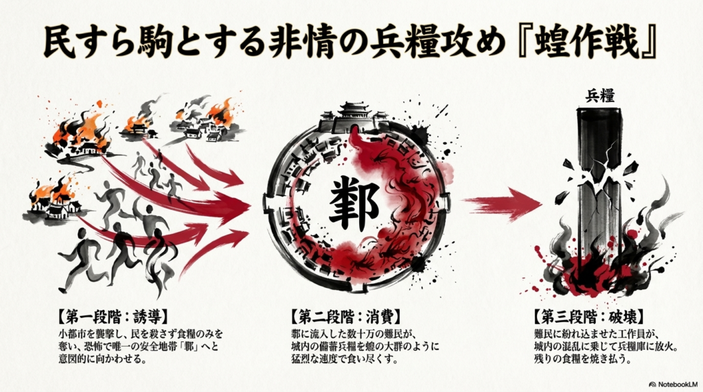 王翦将軍が実行した「イナゴ作戦」による難民誘導と兵糧攻めの戦略マップ