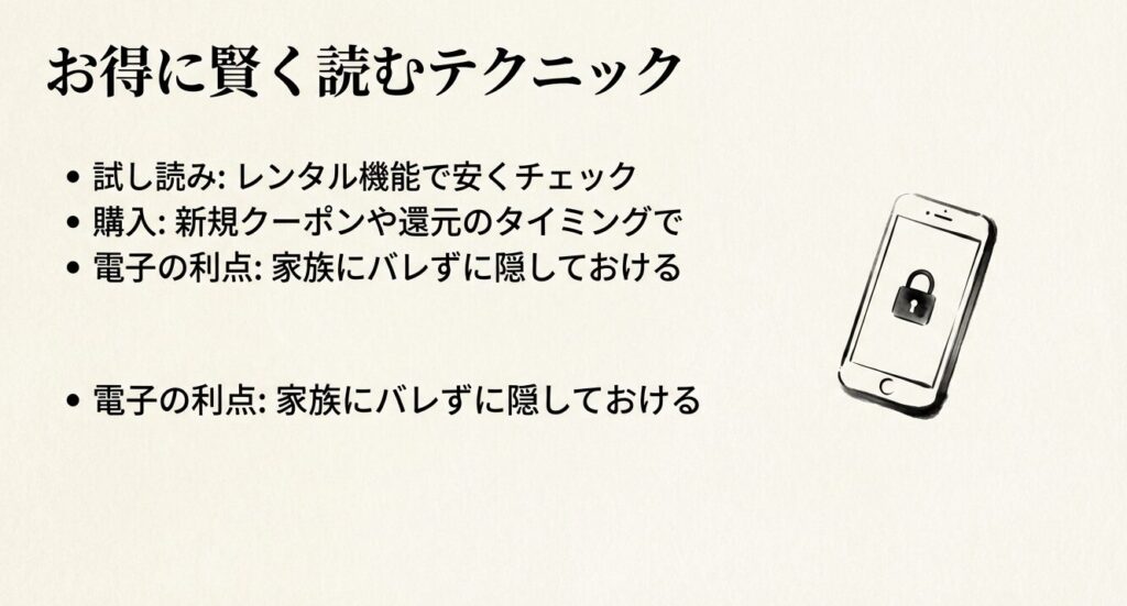 お得に賢くBL漫画を読むテクニック。レンタルでの試し読みやクーポン購入、家族にバレずにスマホに隠しておける電子の利点