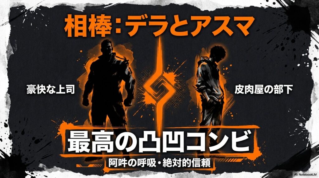 豪快な上司デラと皮肉屋の部下アスマ。最高の凸凹コンビの関係性