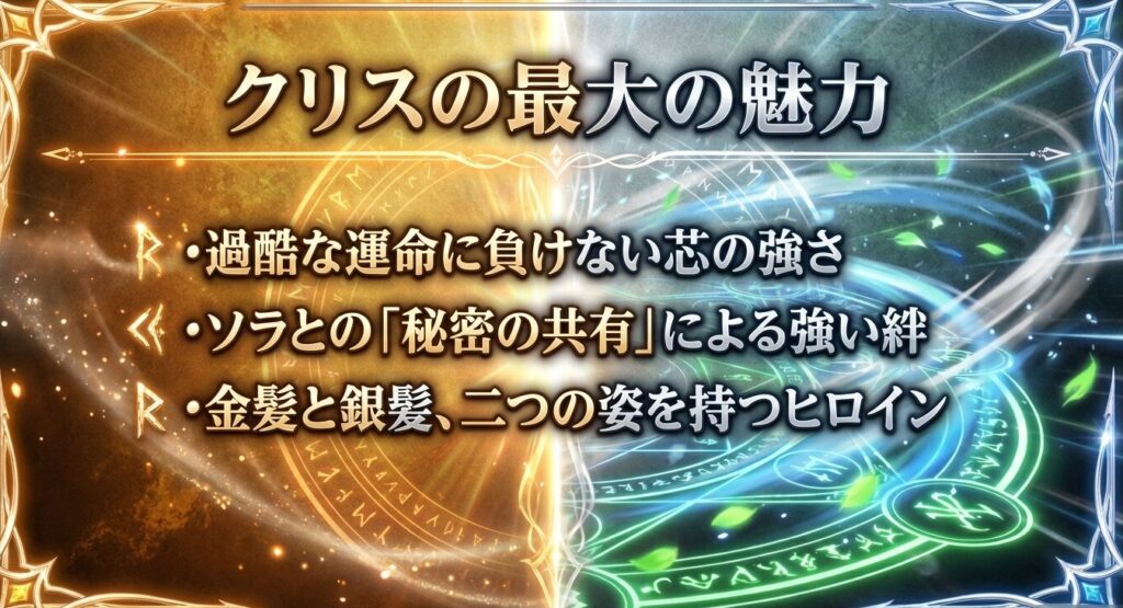 芯の強さやソラとの秘密の共有など、クリスの最大の魅力をまとめたスライド画像