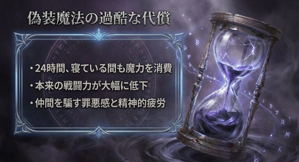 クリスが24時間偽装魔法を維持する過酷な代償と精神的疲労について解説したスライド画像