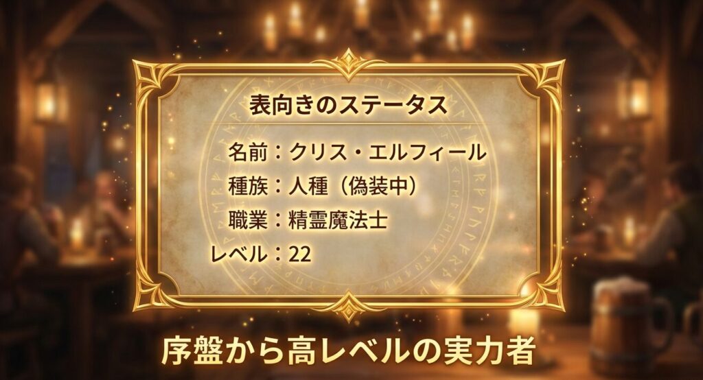 異世界ウォーキングのクリスの表向きのステータス（レベル22の精霊魔法士）をまとめたスライド画像