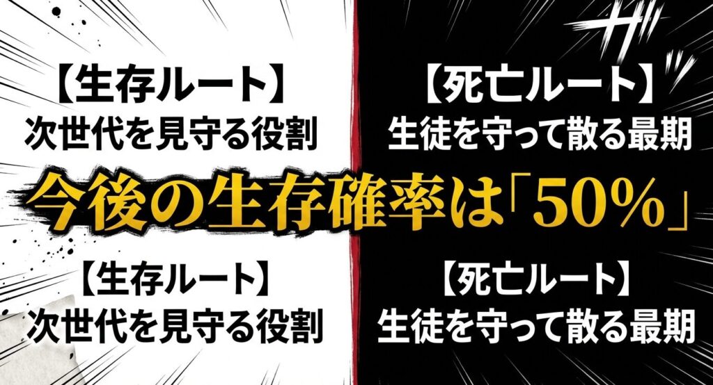 無陀野旋律の今後の生存ルートと死亡ルートの分岐予測（確率は50%）スライド