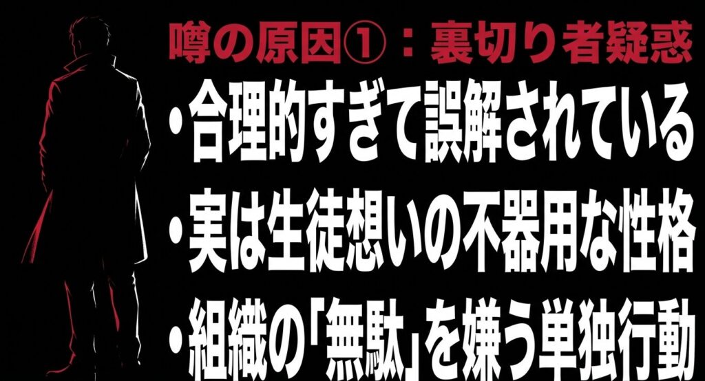無陀野旋律が裏切り者と疑われる原因（合理主義、不器用な性格）をまとめたスライド