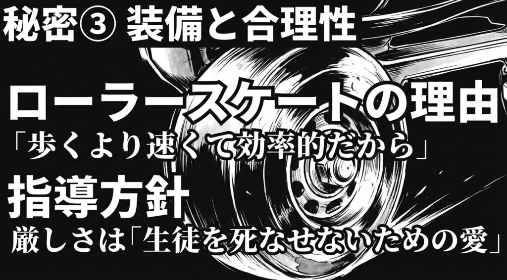 秘密③ 装備と合理性:ローラースケートは歩くより速くて効率的。厳しさは愛