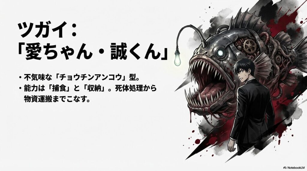 影森ジンのツガイ「愛ちゃん・誠くん」。チョウチンアンコウ型で捕食と収納を行う