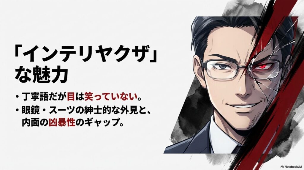 影森ジンのインテリヤクザな魅力。眼鏡とスーツの紳士的姿と凶暴性のギャップ