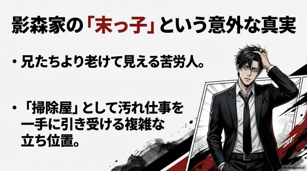 影森ジンは実は末っ子。兄たちより老けて見える苦労人で掃除屋を担当